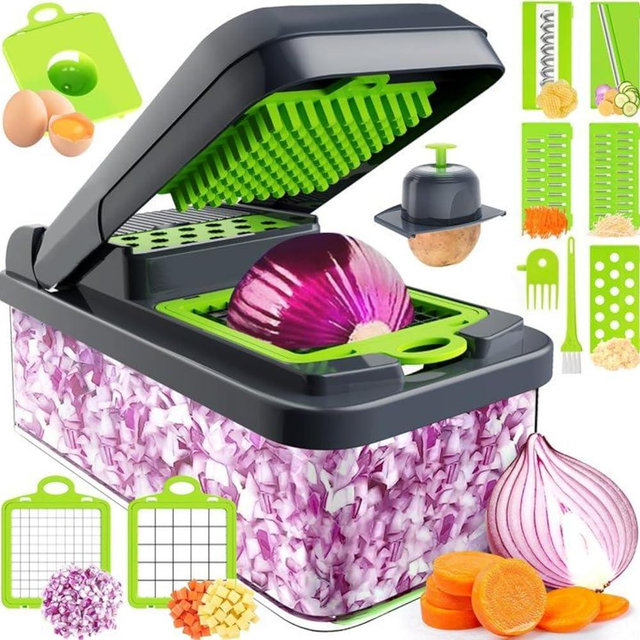 SpaceHacks 12-in-1 Vegetable Chopper, Kitchen Gadgets, Veggie Chopper, Food Chopper, Onion Chopper, Cucumber Slicer, Versatile Mandoline with 7 Blades, Includes Egg Separator & Finger Guard, Green