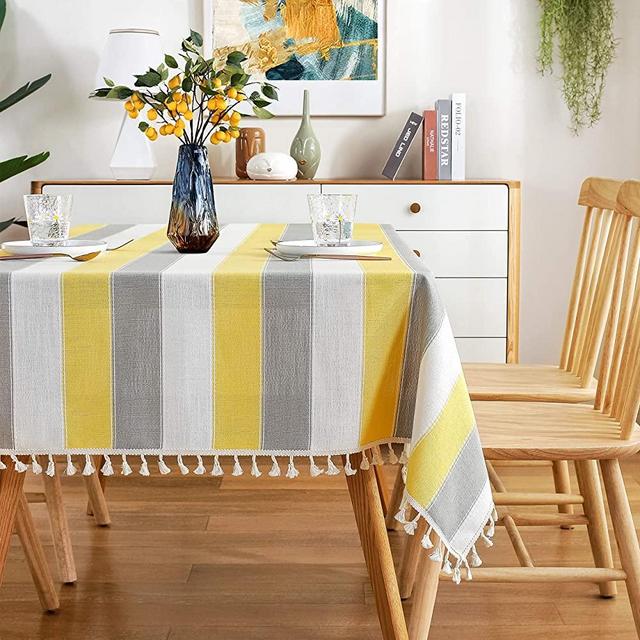 AmHoo Striped Tassel Tablecloth Stitching Rectangle Table Cloth Cotton Linen Fabric Table Cover for Kitchen Dinning Tabletop 55 x 70 Inch Yellow