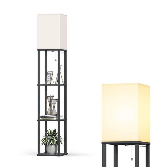 Addlon LED Modern Shelf Floor Lamp with White Lamp Shade and LED Bulb - Display Shelves Floor Lamps for Living Room Bedroom and Office - Classic Black