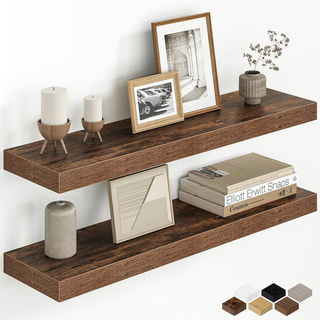30 Inch Floating Shelves for Wall, Rustic Wood Wall Mounted Deep Storage Shelves with Invisible Brackets, Large Decorative Display Ledge for Living Room Bathroom and Kitchen, Set of 2, Rustic Brown