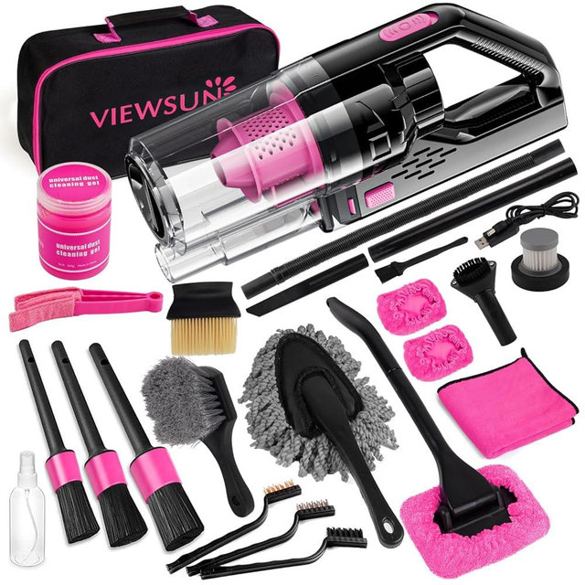Viewsun Car Vacuum Cordless Rechargeable, 8000PA High Power Handheld Vacuum Cleaner with 17PCS Car Cleaning Kit, Pink Auto Accessories for Women Gift