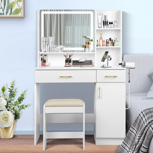 QUALIKRAFT Vanity Set, Vanity Desk with Mirror and Lights, Vanity Desk with Drawers, Vanity with Charging Station, Vanity with Chair, Vanity with Storage, White Vanity, Makeup Vanity，Bedroom Vanity