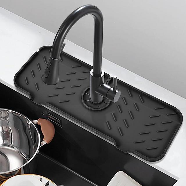 1PCSKitchen Sink Splash Guard, Silicone Faucet Handle Drip Catcher Tray, fits faucet bottom diameter in 3.2 inch, Sponge Holder Sink Protectors Mat for Kitchen Bathroom Sink Accessories（15.4" x 5.9"）