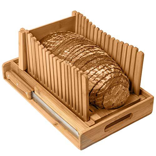 Kitchen Seven Bamboo Bread Slicer with Crumb Tray Bamboo Bread Cutter for Homemade Bread, Loaf Cakes, Bagels Slicer, 3 Slice Sizes, Adjustable, Compact, Foldable