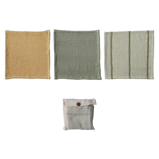 Creative Co-Op Cotton Waffle Weave Dish Cloths with Loop, Green, Sage, and Mustard, Set of 3 in Bag