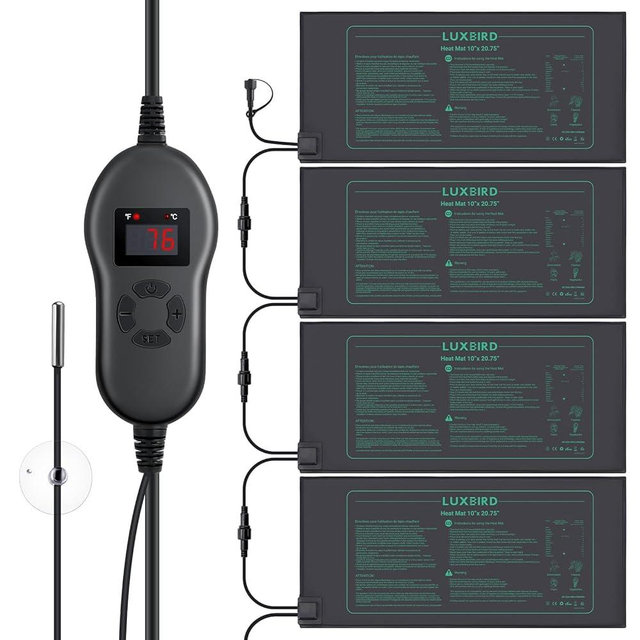 LUXBIRD 4 Pack Seedling Heat Mats with Digital Thermostat Controller, 10" x 20.75" Waterproof for Seed Starting, Germination, Hydroponics, Brewing, Breeding, Greenhouses (LB-HT04)