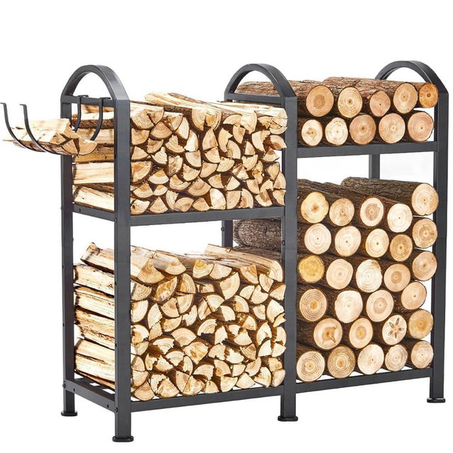 ZEXVIDA Firewood Rack Indoor With Hooks, 31inch Firewood Rack, 2-Tier log holders for firewood outdoor, Fireplace Wood holder Indoor, Adjustable Small Fire Wood Storage