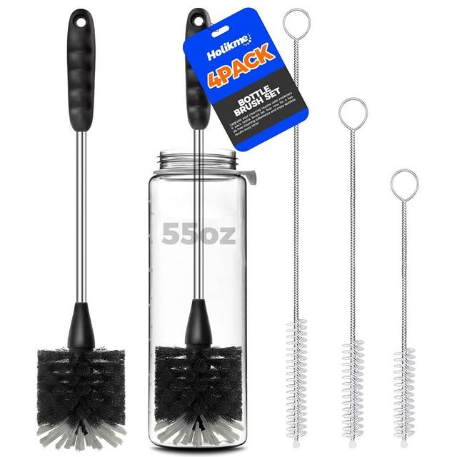 Holikme Bottle Brush Cleaner Set, 14" Long Handle Stainless Steel Bottle Cleaner Brush, 3 Straw Cleaner Brush, Bottle Cleaning Brush for Water Bottle, Cups, Baby Bottle, Straws Black
