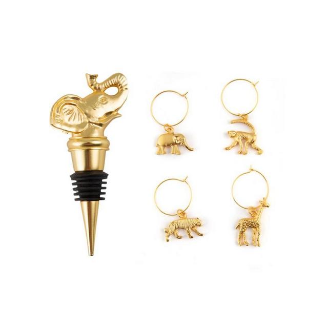 Thirstystone Elephant Bottle Stopper with S/4 Exotic Animal Wine Charms