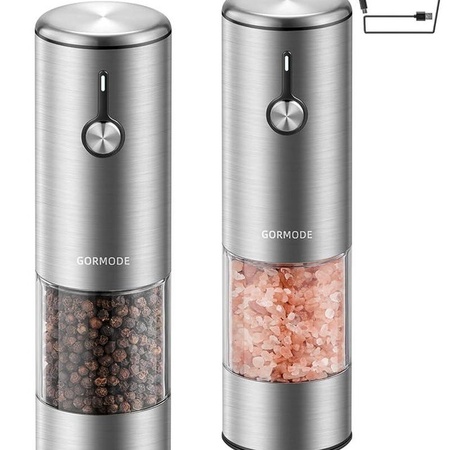 Electric Pepper Grinder and Salt Mill Set - Large Capacity USB Rechargeable Automatic Grinder with Dual LED Lights, One-Handed Operation & Slide Cover - Brushed Stainless Steel