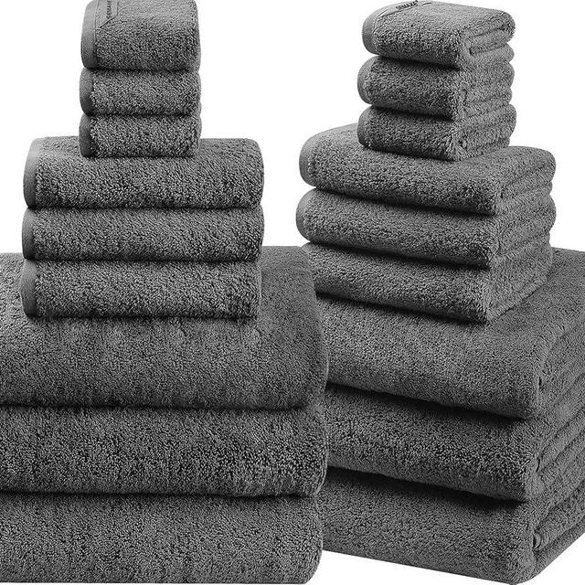 SEMAXE 18-Pack Bath Towel Set Include 6 Bath Towels, 6 Hand Towels, 6 Wash Cloths, 100% Cotton Bathroom Towels with Hanging Loops and Nano-Bio Lifecycle Labels, Soft and Absorbent Towel, Grey