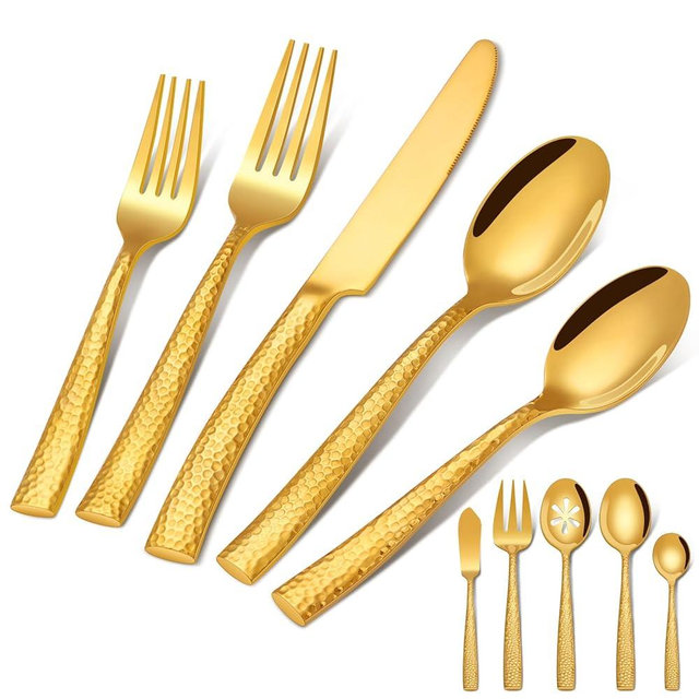 45-Piece Silverware Set with Serving Utensils, Ollex Durable Stainless Steel Gold Hammered Flatware Set for 8 with Knives Forks Spoons Large Serving utensil Set for Home Restaurant, Dishwasher Safe