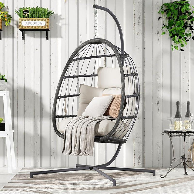 FREDEES Egg Swing Chair with Stand, Outdoor Hanging Egg Chair with Cushion for Patio/Porch/Balcony/Indoor (Beige)