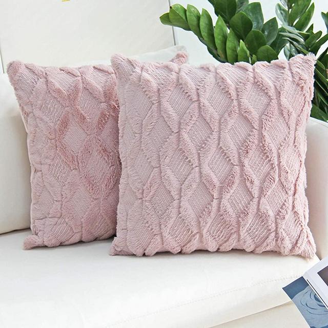 JOJUSIS Plush Short Wool Velvet Decorative Throw Pillow Covers Luxury Style Cushion Case Faux Fur Pillowcases for Sofa Bedroom Pack of 2 18 x 18 Inch Pink