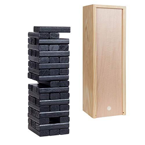 Wood Block Toppling Timbers Party Game - 12 in. Wooden Box & Die - Black Blocks