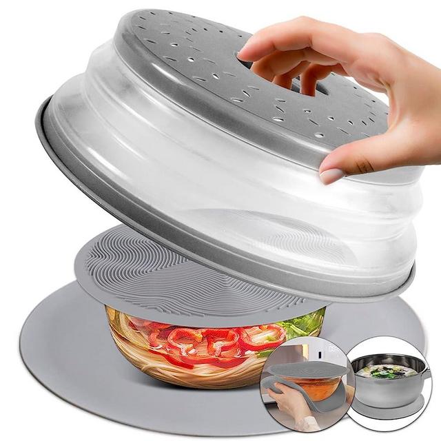 3 In 1, Aidacom Microwave Mat & Food Cover- 10" Mat as Bowl Holder, 8" as Bowl Cover, Collapsible Lid for Plates Dishes Splatter Guard, Multi-Purpose Silicone Mat & Kitchen Colander for Meal Prep,Grey