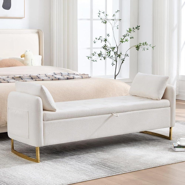 HOMYKA 65" Storage Ottoman Bench, Storage Bench for Bedroom, End of Bed Storage Bench with Tufted Upholstered and Gold Legs, Bedroom Benches with Arms Window and Entryway, Chenille Cream