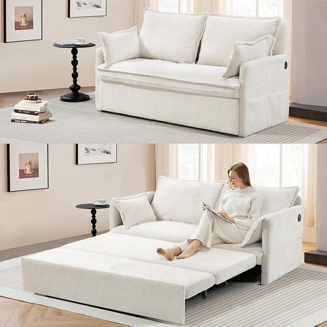 SUNWAVE 60" Pull Out Sofa Bed - Convertible Sleeper Sofa Bed, Corduroy Pull Out Couch Bed with USB Charging, Side Pockets for Living Room, Bedroom, Small Spaces (Cream, 60")