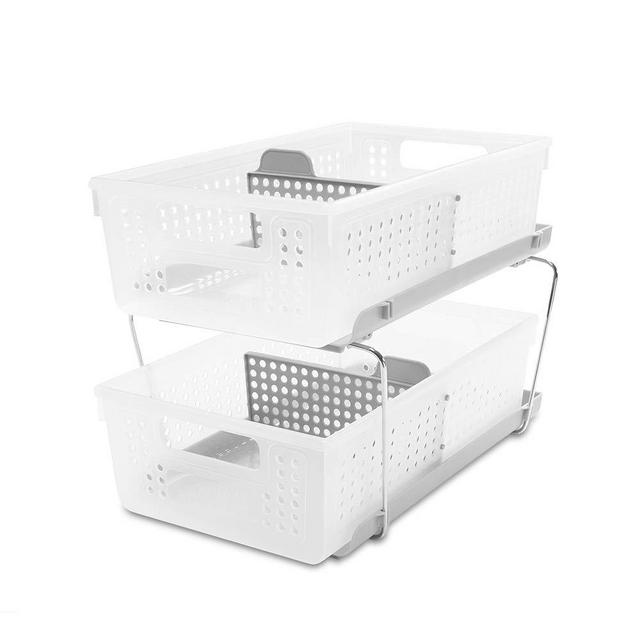 madesmart Large 2-Tier Organizer with Dividers - Frost, Grey | BATH COLLECTION | Slide-out Baskets with Handles | Space Saving | Multi-purpose Storage | BPA-Free
