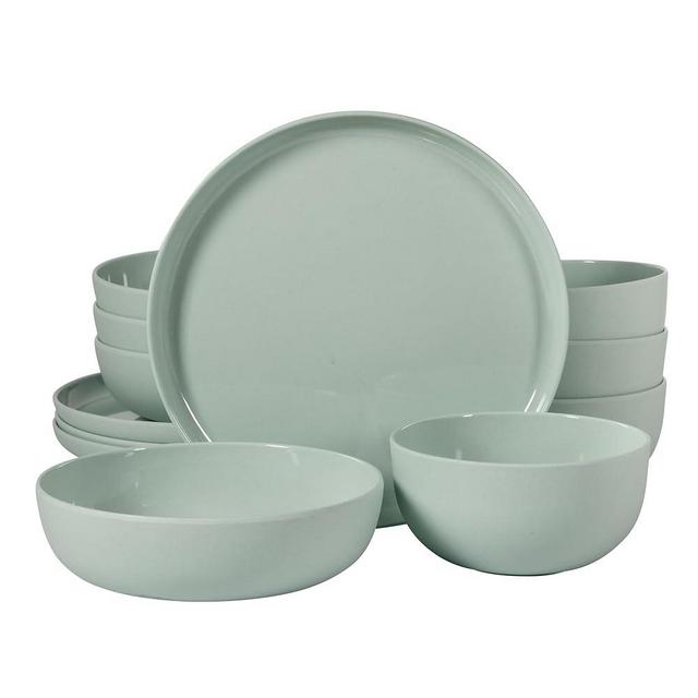 Gibson Home Candy Skies 12 Piece Unbreakable Wheat Straw Melamine Plates and Bowls Dinnerware Set - Outdoor, Camping, & Everyday Use - Matte Exterior/Shiny Interior Green