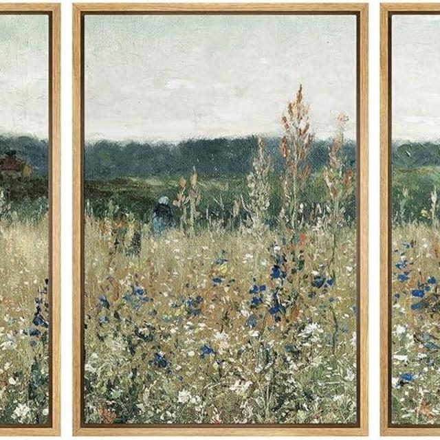SIGNWIN Framed Canvas Print Wall Art Set Pastoral Fields Rustic Wildflower Countryside Floral Landscape Illustrations Modern Colorful Ultra for Living Room, Bedroom, Office - 24"x36"x3 Natural