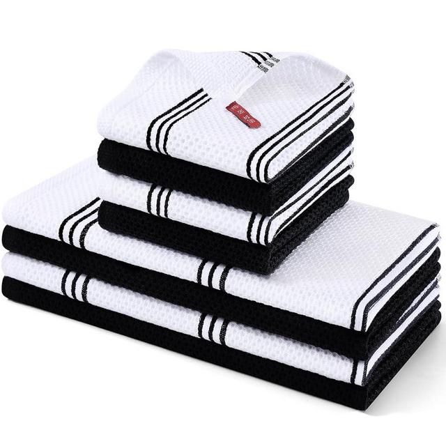 Homaxy Kitchen Towels and Dishcloths Set, 12 x 12 and 13 x 28 Inches, Set of 8 Premium Cotton Waffle Weave Kitchen Towels, Super Soft and Absorbent Dish Cloths, White & Black