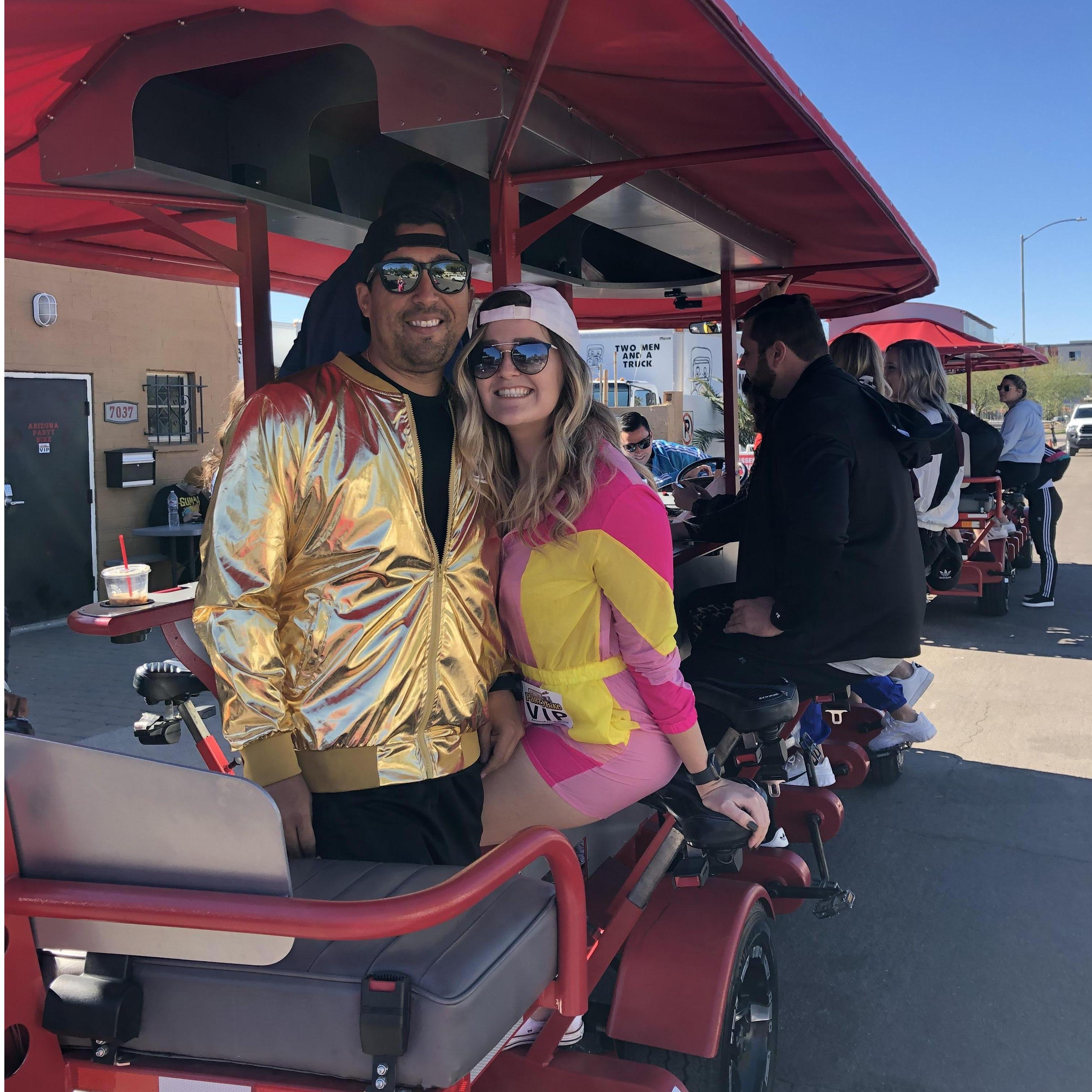 Bar hopping for a "tracksuit" themed party.
