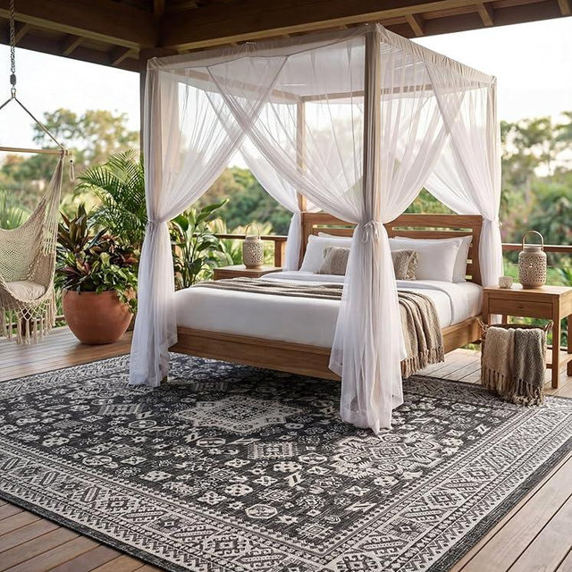 Rugs.com Outdoor Aztec Collection Rug – 10' x 13' Charcoal Gray Flatweave Rug Perfect for Living Rooms, Large Dining Rooms, Open Floorplans