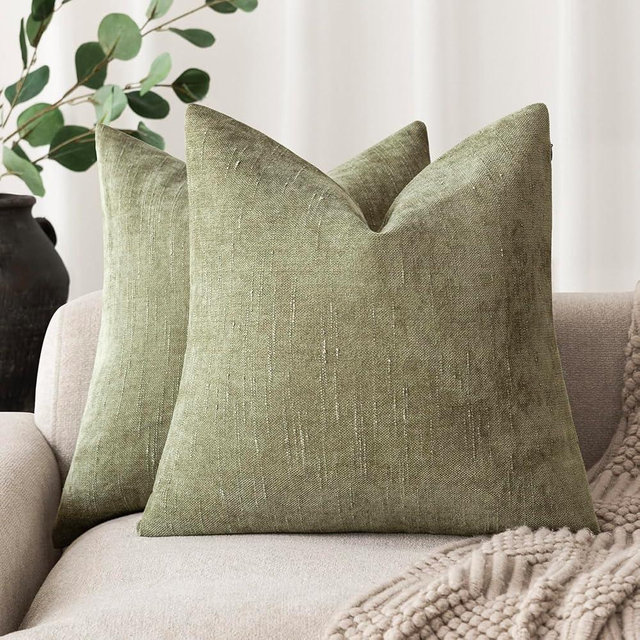 Foindtower Pack of 2 Soft Textured Chenille Throw Decorative Pillow Covers Square Accent Solid Cushion Cover Cozy Neutral Farmhouse Pillow Case for Couch Sofa Bedroom Living Room 26x26 Inch,Sage Green