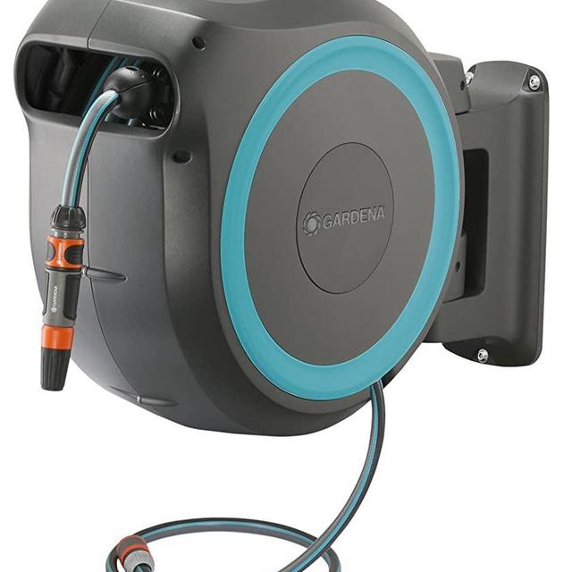 Gardena Wall Mounted Retractable Hose Reel, 115 feet, Black and Turquoise