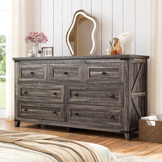 EnHomee Dresser for Bedroom with 7 Drawers Wood Dresser with Smooth Metal Rail, TV Stand for Bedroom, Hallway, Closet, Dark Rustic Oak, 15" D x 51.2" W x 31.5" H