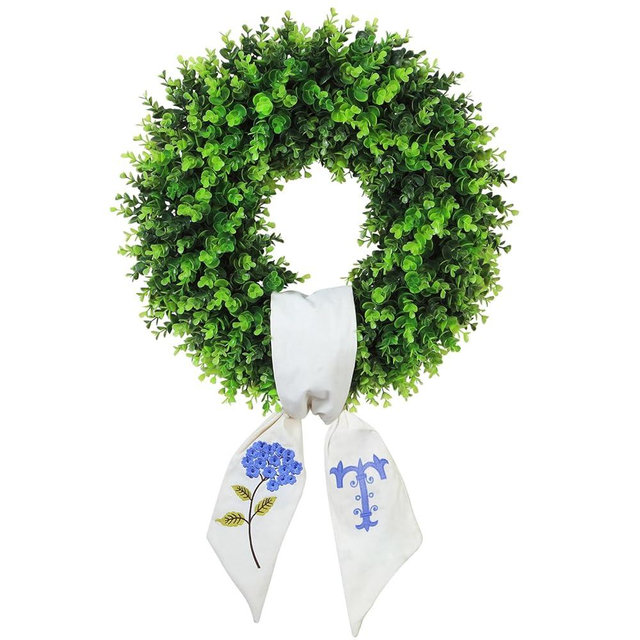 Boxwood Wreath for Front Door Spring Summer Wreaths Farmhouse Door Hanger,Last Name Year Round Porch Decor,20 inch Multi Occasion use Wreath with Personalized Monogram sash Embroidered -20 (T)