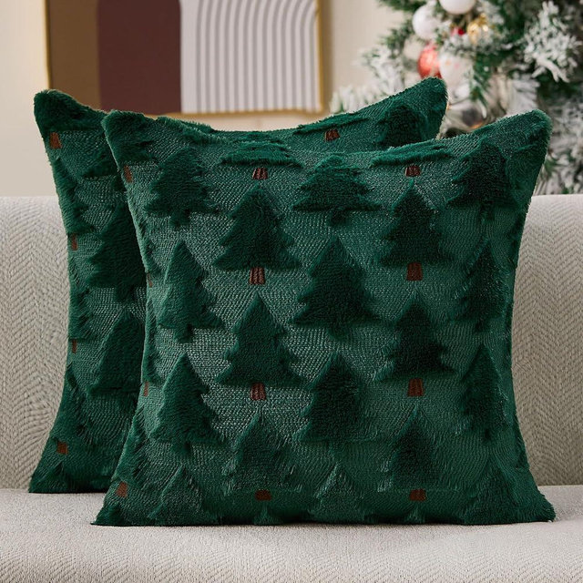 Allorry Christmas Pillow Covers 18x18 inch Set of 2 Christmas Decorations Soft Plush Faux Fur Wool Green Xmas Tree Throw Pillow Cases Winter Holiday Decor for Sofa Living Room PT-012P18
