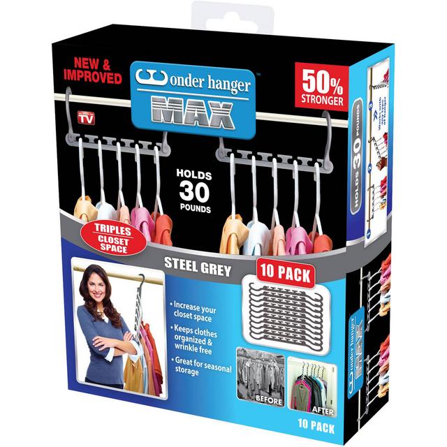 Wonder Hanger MAX Closet Storage Organizer for Clothes Hangers, Pack of 10, Steel Grey, As Seen on TV