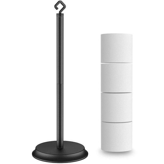 KASUNTO Toilet Paper Holder for Bathroom, Metal Free Standing Toilet Paper Storage with Rustproof, Tissue Paper Roll Stand for Bathroom Accessories (Black)