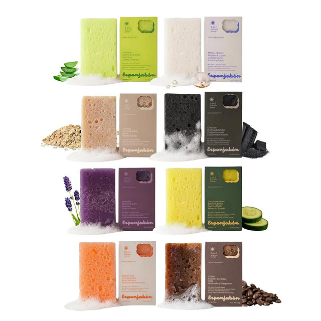 T.Taio Esponjabon Soap Sponge Variety Pack - Shower Scrubber - Bathroom Accessories - Mother of Pearl, Aloe Vera, Lavender, Charcoal, Cucumber-Melon, Oatmeal, Coffee, Pore-Cleansing (8 Pack)