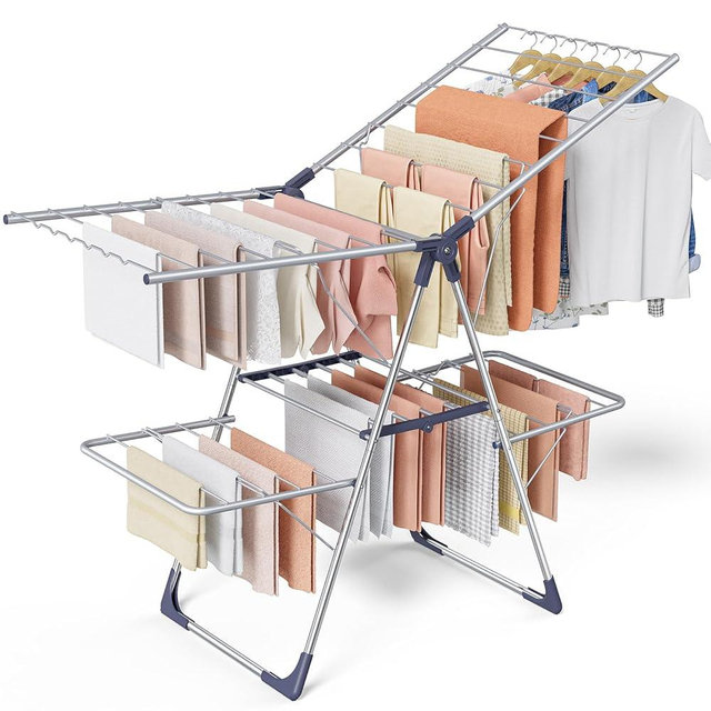 Sakugi Clothes Drying Rack, Foldable 2-Level Laundry Drying Rack with Height-Adjustable Wings, for Clothing & Bedding, Free-Standing Space-Saving Rack, Indoor & Outdoor, 55.5"L × 22.8"W, Silver Blue