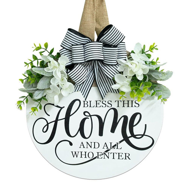 Welcome Sign for Front Door Wreath-Bless This Home, Welcome Home Decorations, Wreaths for Front Door, Floral Round Wood Wall Decor, Front Porch Decor Gifts for Spring Summer Fall All Seasons Holiday