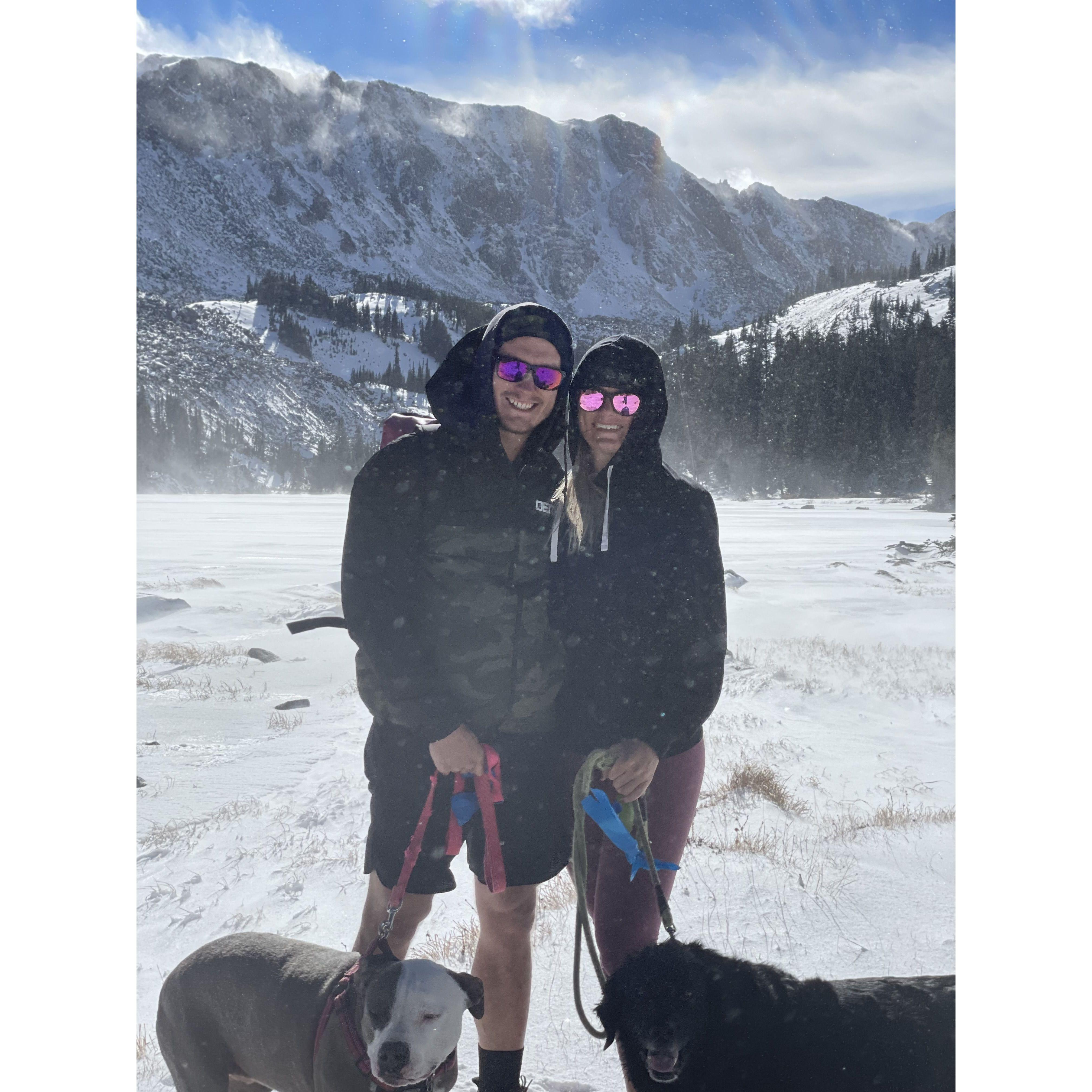 Jarrod and Madison on a hike with Mia and Peter.