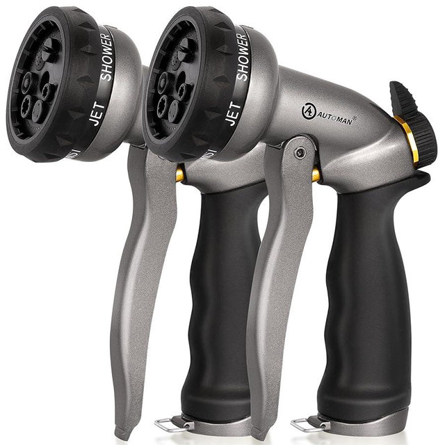 AUTOMAN Garden Hose Nozzle - 2 Pack, 100% Metal High Pressure Spray Nozzle, Labor-Saving Design, Heavy Duty for Garden Watering, Car Washing, Window Cleaning, Pets Bathing