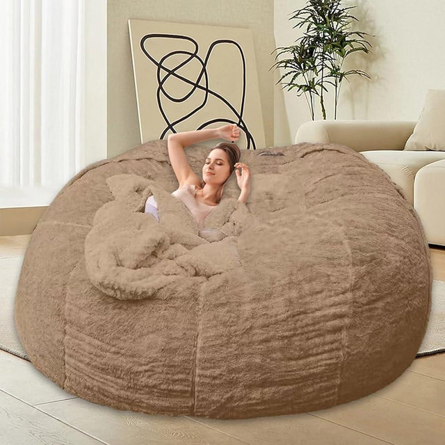 HDMLDP Bean Bag Chair for Adults Kids Without Filler Comfy Giant Round Lazy Sofa Chair Cover Floor Chair Cover for Bedroom Living Room, 7FT, Khaki