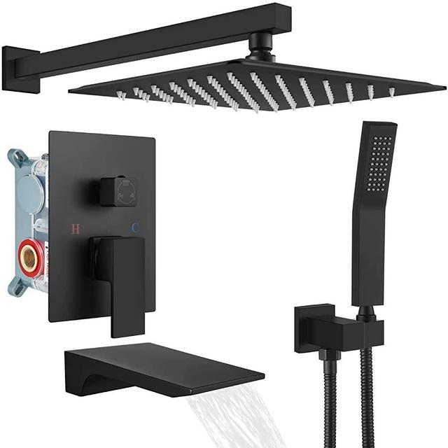 gotonovo 10 inch Matte Black Rain Mixer Shower Faucet Set with Waterfall Tub Spout Square Rainfall Shower Head with Handheld Spray Wall Mounted Rough-in Valve and Trim Included