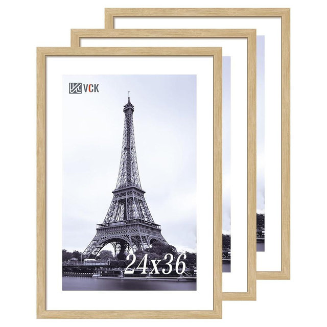 VCK 24x36 Oak Poster Frame 3 Pack, Natural Solid Wood Picture Frames, Wall Mounting Hanging