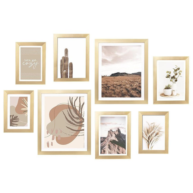 ArtbyHannah Gallery Wall Frame Set,Gold Picture Frames Collage Wall Decor with Neutural Art for Living Room Stariway,8 Pack Assorted Size 8"x10",5"x7",4"x6", Small
