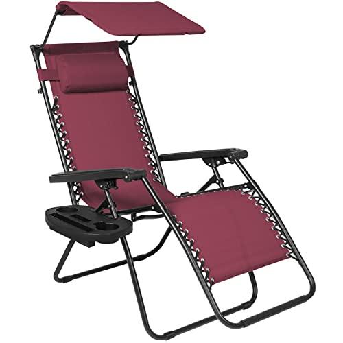 Best Choice Products Folding Steel Mesh Zero Gravity Recliner Lounge Chair w/Adjustable Canopy Shade and Cup Holder Accessory Tray, Burgundy