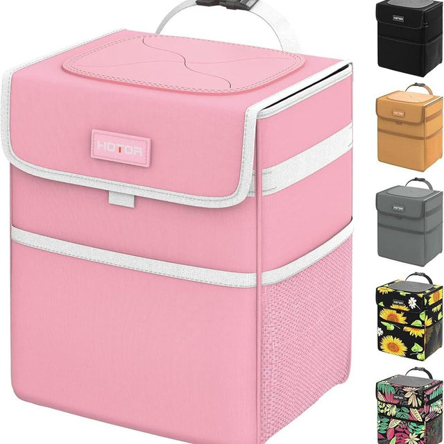 HOTOR Pink Trash Bag Hanging with Storage Pockets, 100% Leak-Proof Garbage Can with Adjustable Straps, Magnetic Snaps, Waterproof Garbage Bin with Lid for Interior Car,Pink