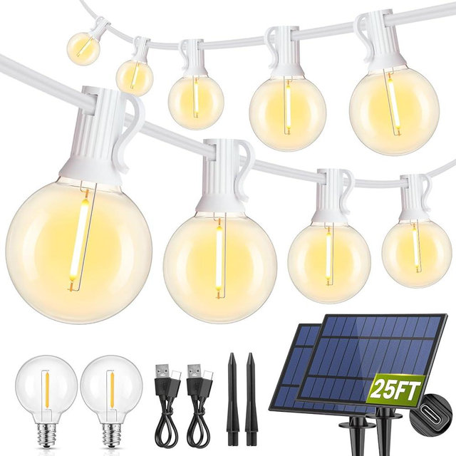 Mlambert 50FT(25FTx2) Solar Powered String Lights Outdoor, Waterproof Patio Light String with 20+2 Shatterproof LED G40 Bulbs for Backyard Garden-White