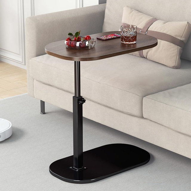 C Shaped Side Table, Adjustable Height C Shaped End Table, 360°Swivel Couch Side Tables That Slide Under, Modern Small Coffee C Table End Table for Sofa/Bed/Bathtub, Rotating Tabletop (Walnut)