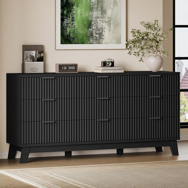 BORNOON 63" Long Dresser for Bedroom, 9-Drawer Fluted Dresser, Extra-Wide Wood Chest of Drawers with Smooth Metal Slides, Stable Base, Modern Clothes Storage Cabinet for Living Room, Hallway, Nursery