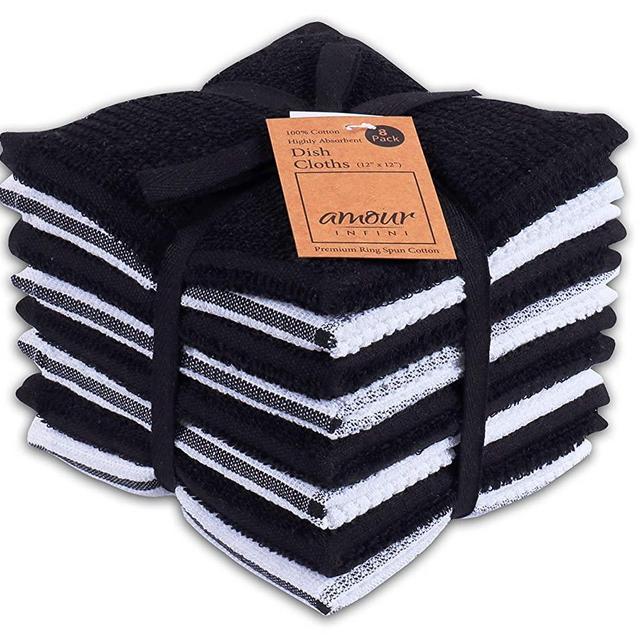 AMOUR INFINI Terry Dish Cloth | Set of 8 | 12 x 12 Inches | Durable, Super Soft and Absorbent |100% Cotton Dish Rags | Perfect for Household and Commercial Uses | Black